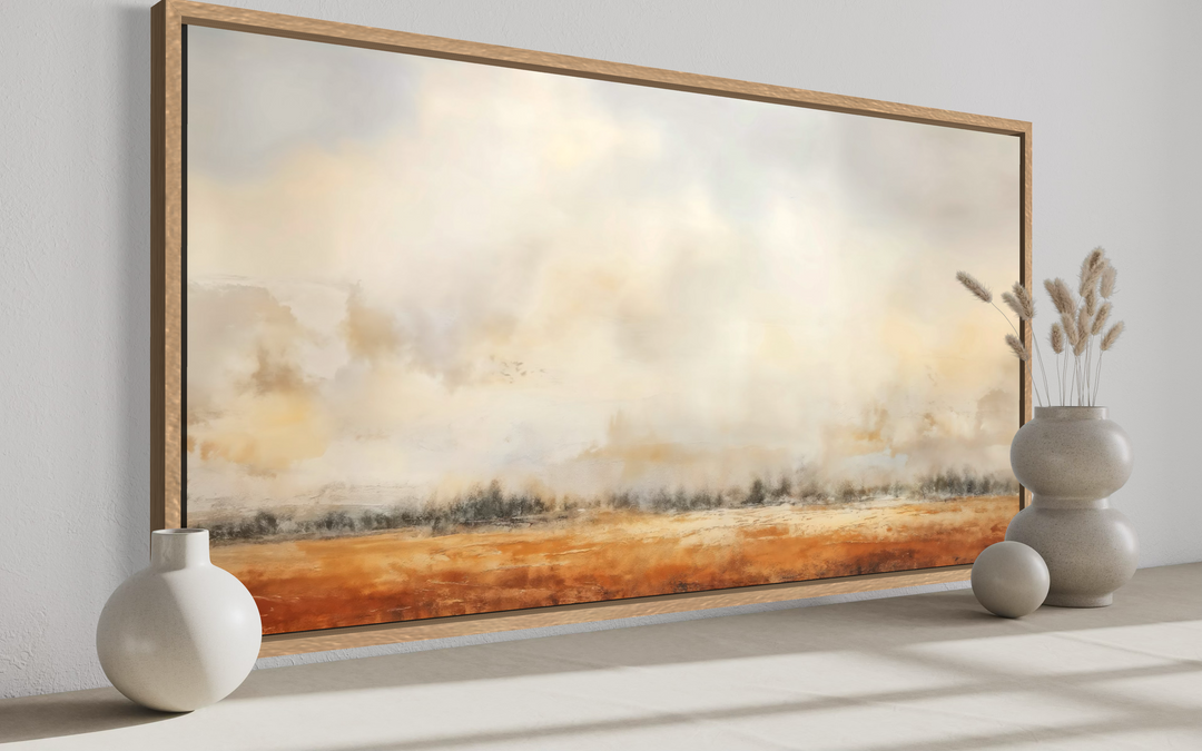 Minimalist farm field canvas painting in a wood frame, featuring neutral tones and rustic style.