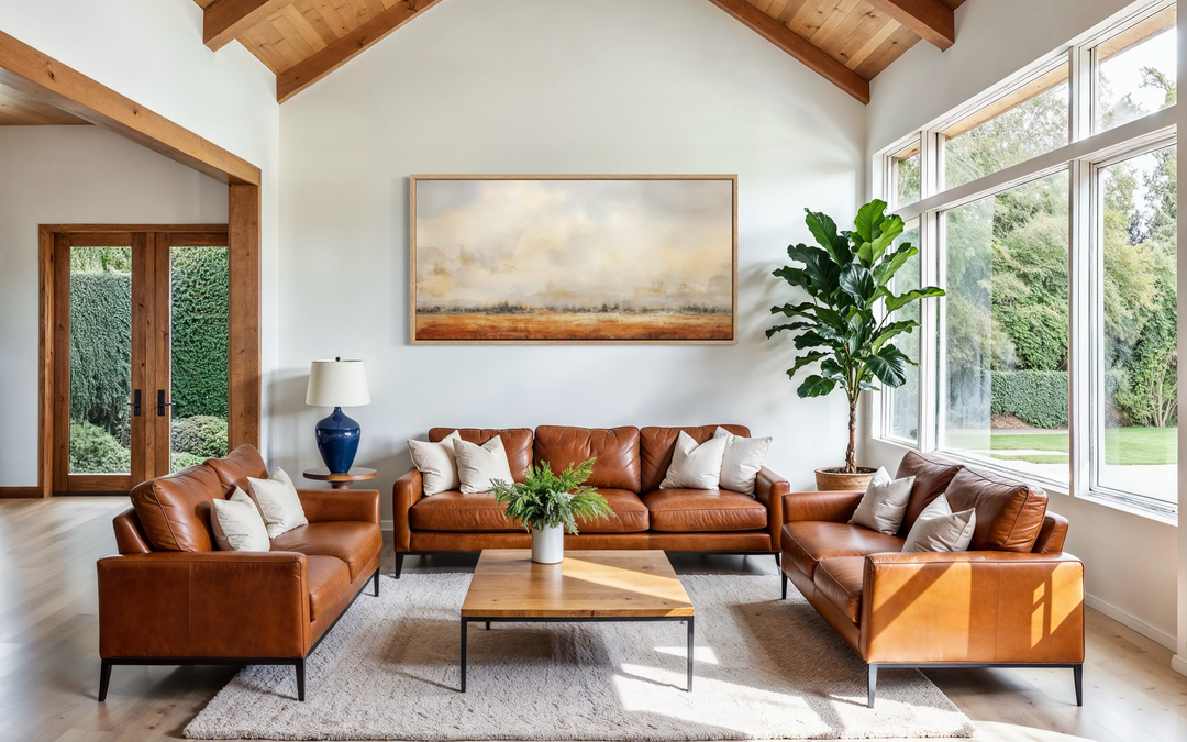 Minimalist farm field canvas art in neutral tones hanging above a brown leather sofa in a living room