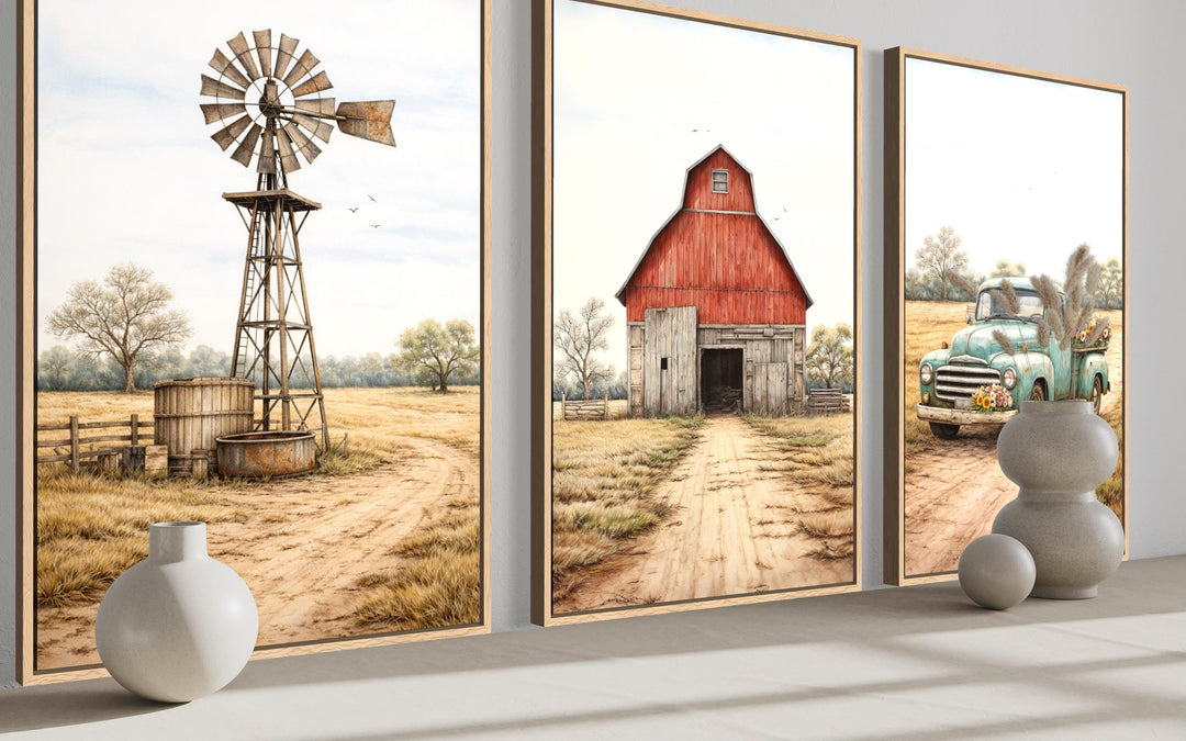 Three rustic farmhouse canvas prints featuring a windmill, a red barn, and a vintage blue truck.