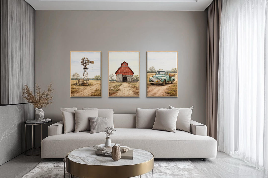 Set of three rustic farmhouse canvas prints featuring a red barn, windmill, and vintage truck.