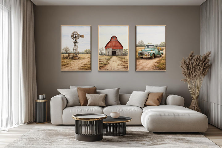 Set of three rustic farmhouse canvas prints featuring a barn, windmill, and vintage truck.