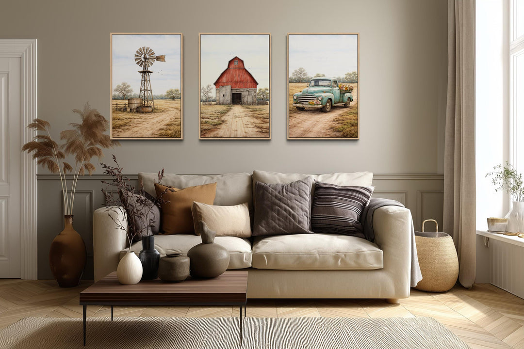 Set of three rustic farmhouse canvas prints featuring a barn, windmill, and vintage truck.