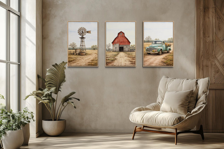 Three framed farmhouse canvas prints featuring a rustic barn, windmill, and vintage truck.