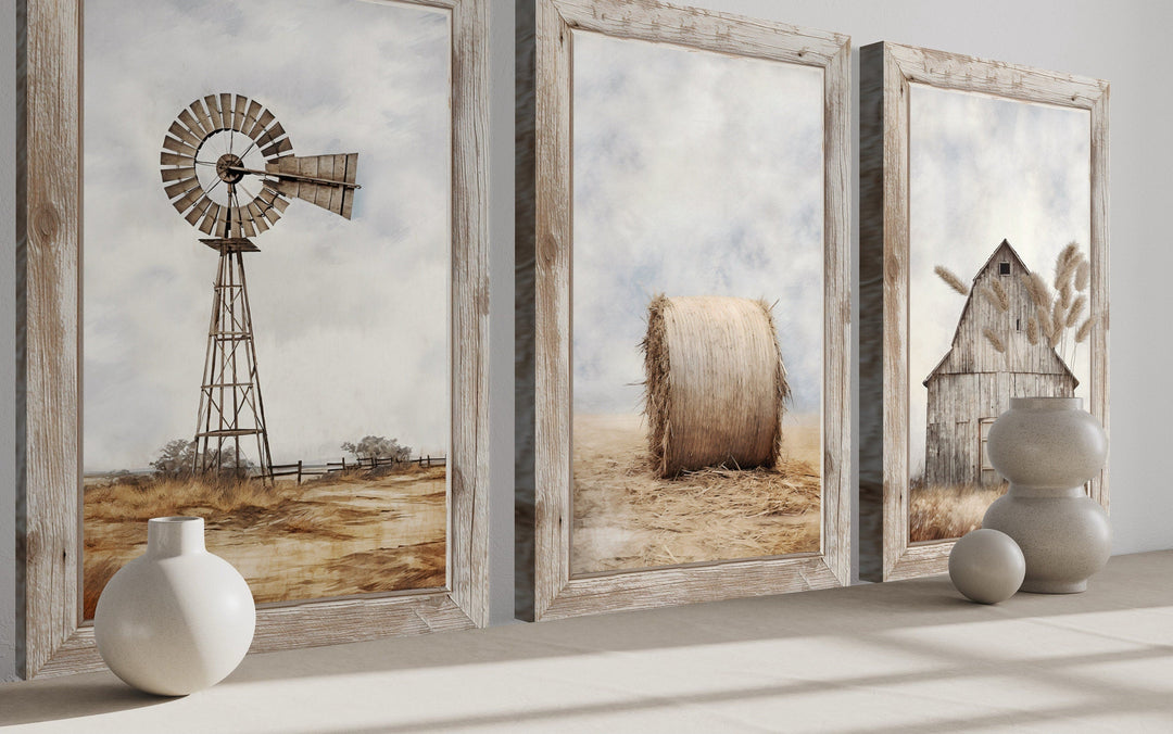 Set of three rustic farmhouse wall art prints featuring a windmill, hay bale, and barn in wood frames