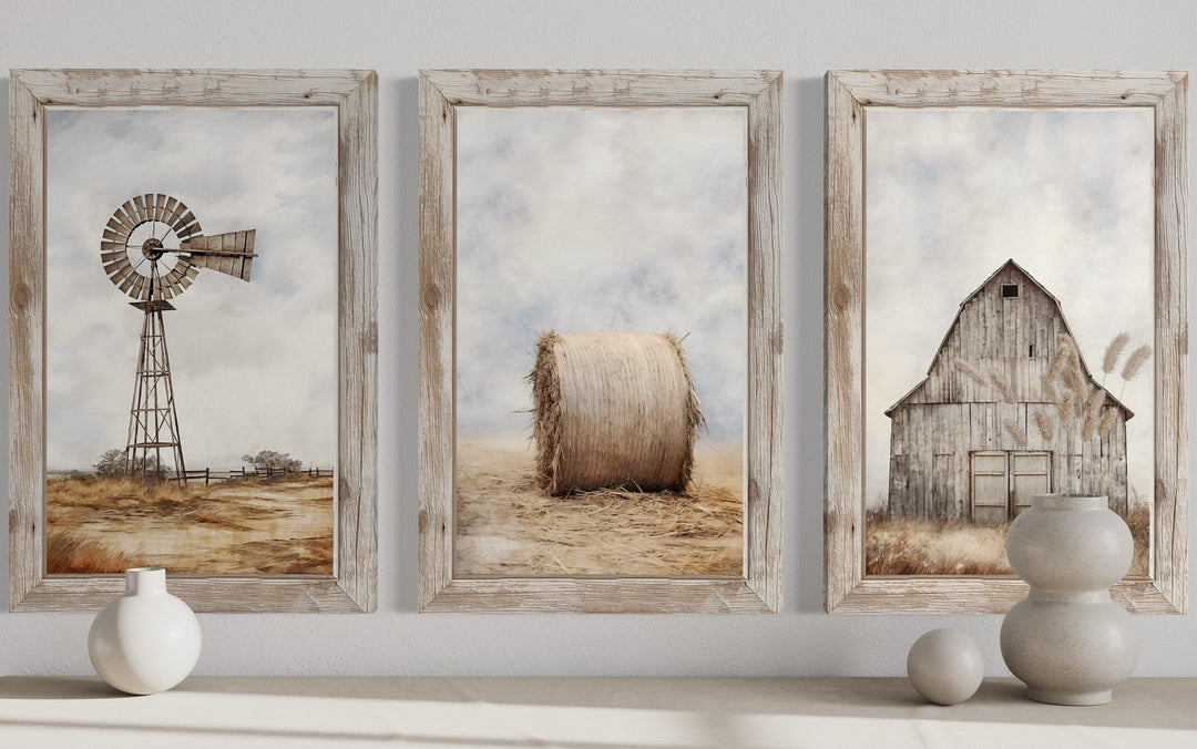 Set of three rustic farmhouse prints featuring a windmill, hay bale, and barn in weathered frames.