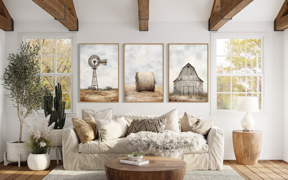 Farmhouse Wall Art - Rustic Farm Prints Set of Three | Barn, Windmill & Hay Bale