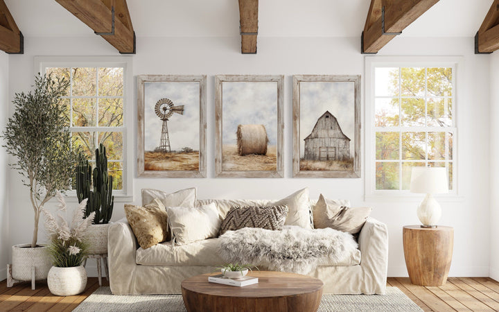 Set of three rustic farmhouse wall art prints featuring a windmill, hay bale, and barn.