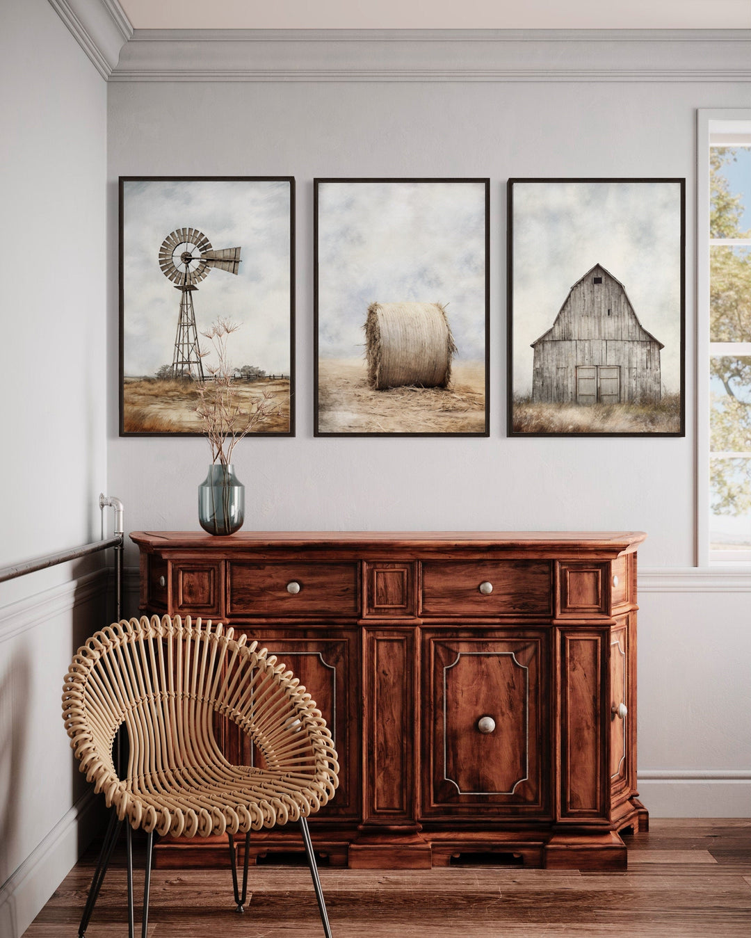 Set of three rustic farmhouse prints featuring a windmill, hay bale, and barn in dark frames.