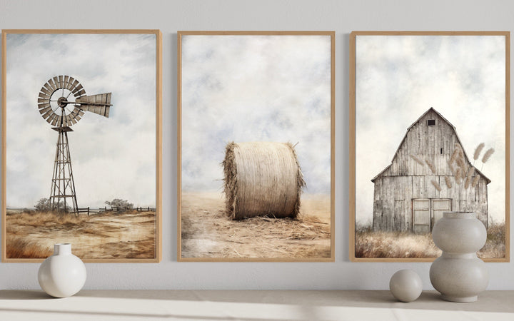 Set of three framed rustic farm prints featuring a windmill, a hay bale, and a weathered barn.