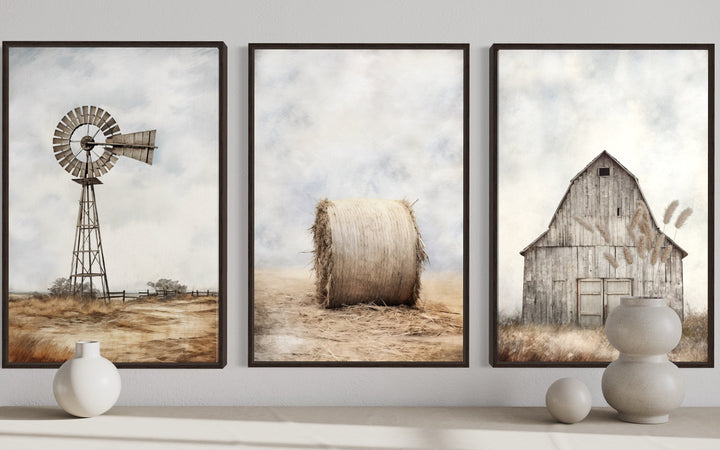 Set of three framed rustic farm prints featuring a windmill, a hay bale, and a weathered barn.