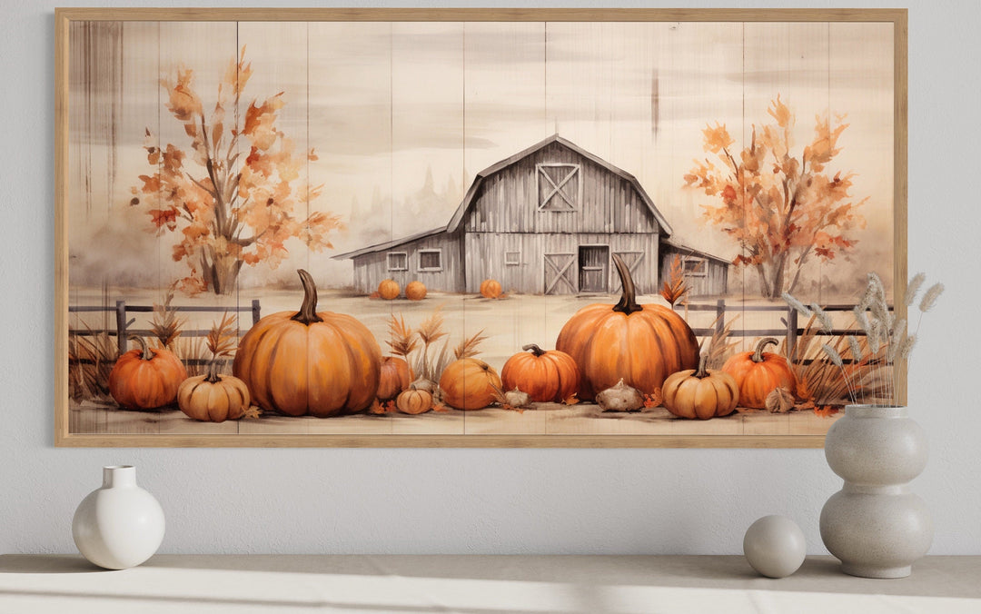 Farmhouse Wall Art – Rustic Pumpkin Patch Painting on Wood Framed Canvas