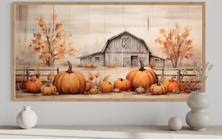 Farmhouse Wall Art – Rustic Pumpkin Patch Painting on Wood Framed Canvas