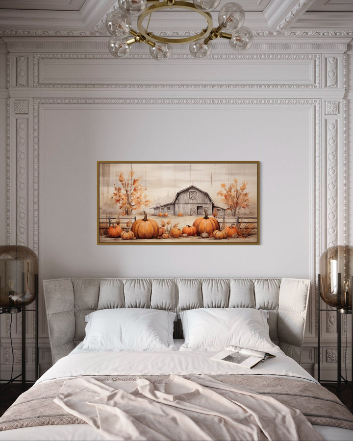 Farmhouse Wall Art – Rustic Pumpkin Patch Painting on Wood Framed Canvas