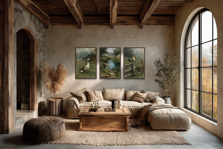 A set of three farmhouse wall art panels featuring a goose, ducks on a pond, and a rooster.