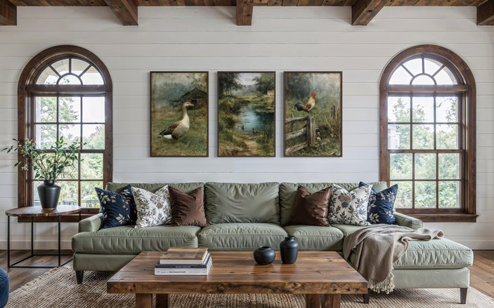 A set of three farmhouse wall art panels featuring a goose, ducks in a pond, and a rooster.