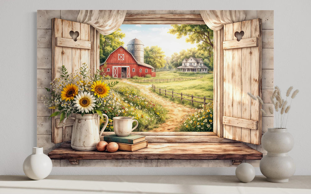 Farmhouse window wall art featuring a rustic red barn and sunflower landscape on a canvas print.