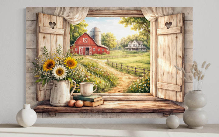 Farmhouse window wall art featuring a rustic red barn and sunflower landscape on a canvas print.