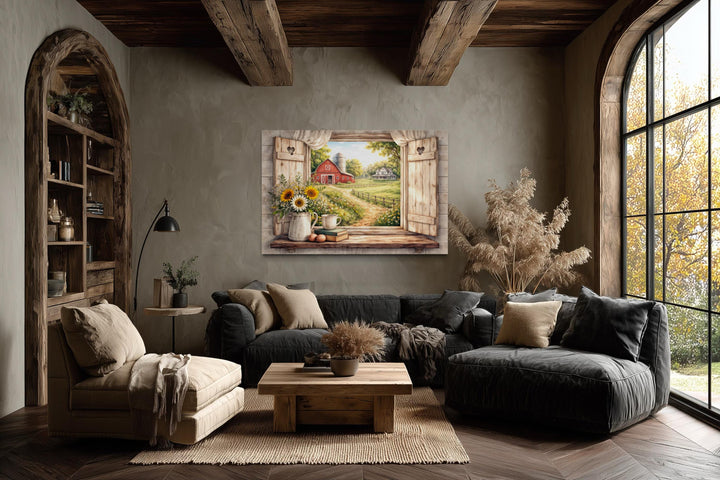 Rustic farmhouse window wall art featuring a red barn and sunflowers on a cozy country landscape.