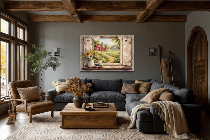 Rustic farmhouse window wall art featuring a red barn and sunflowers on a cozy country landscape.