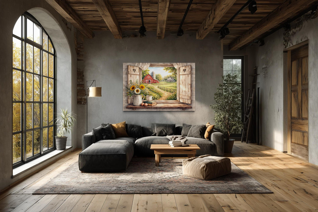 Rustic farmhouse window wall art featuring a red barn and sunflowers on a cozy country landscape.