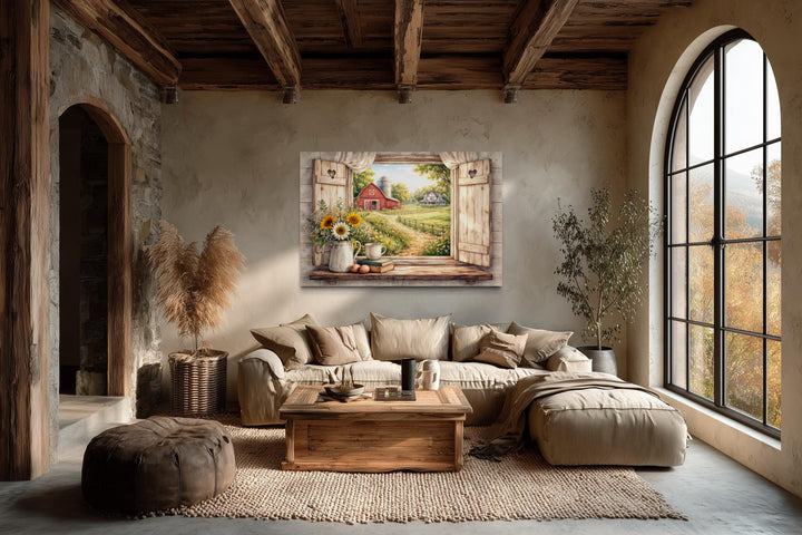 Rustic farmhouse window wall art featuring a red barn and sunflowers on a cozy country landscape.