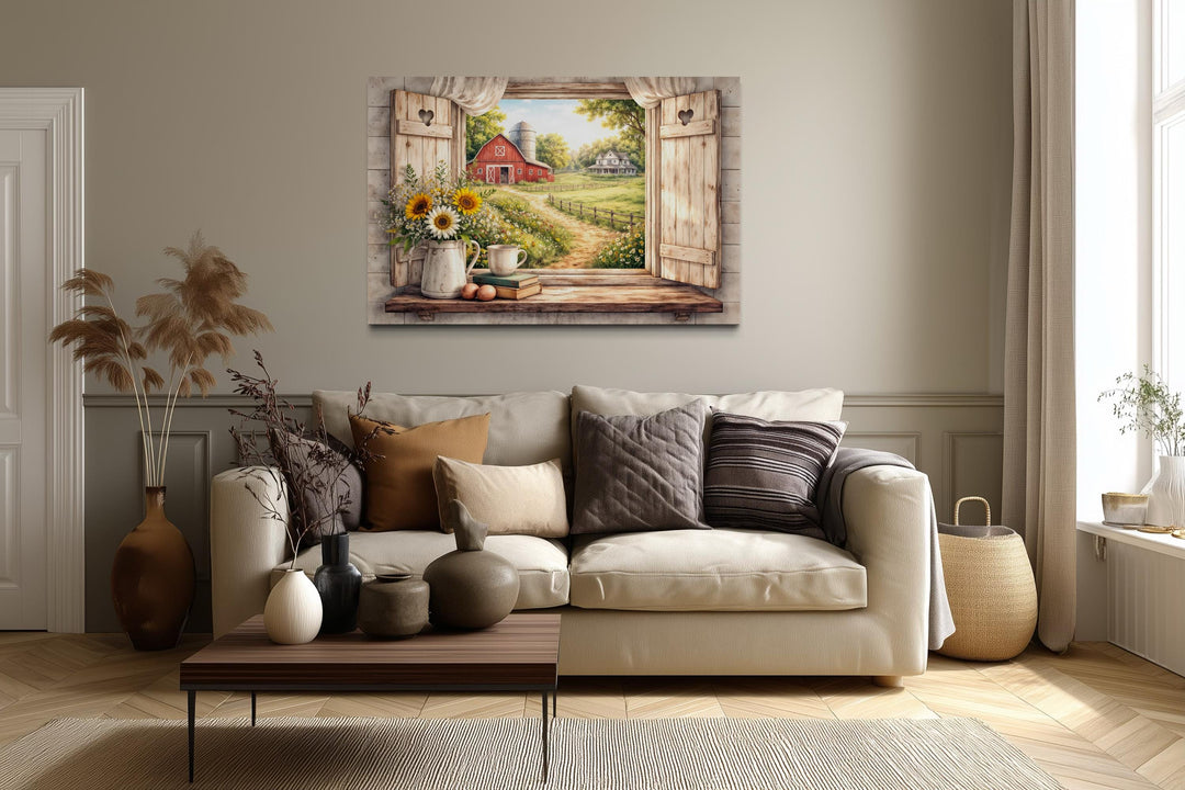 Rustic farmhouse window wall art featuring a red barn and sunflowers on a cozy canvas print.