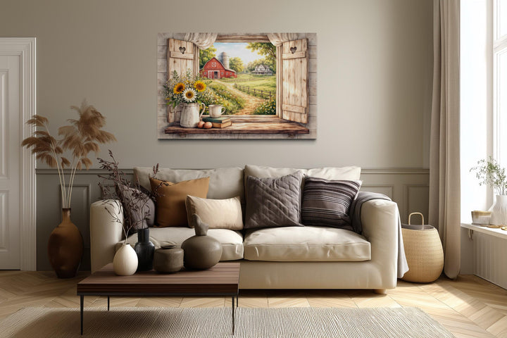 Rustic farmhouse window wall art featuring a red barn and sunflowers on a cozy canvas print.