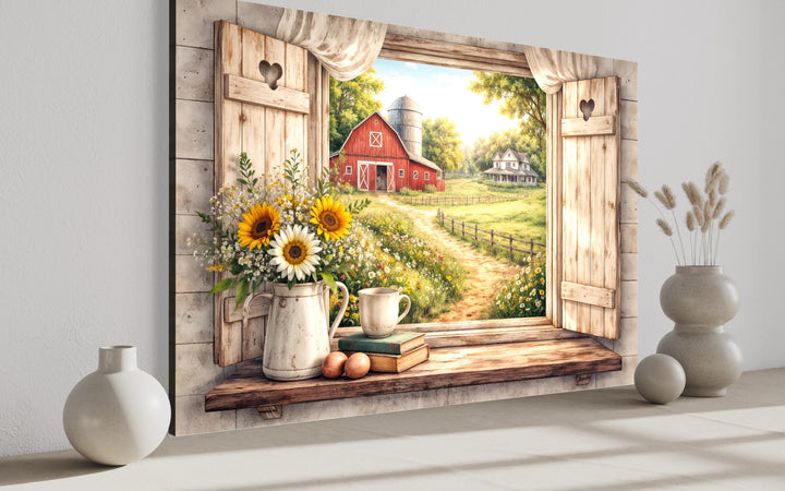 Rustic farmhouse window wall art featuring a red barn, sunflowers, and a cozy country landscape.