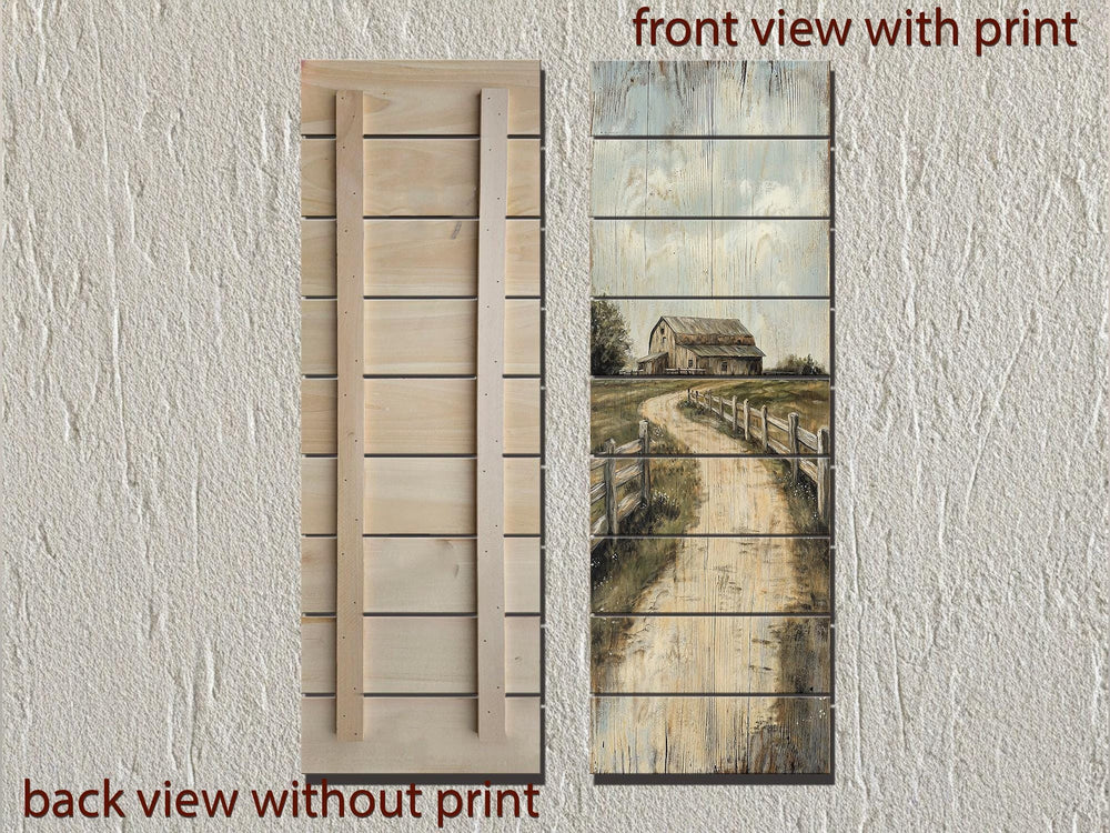 Tall narrow farmhouse wood wall art featuring a distressed barn landscape print on real wood.
