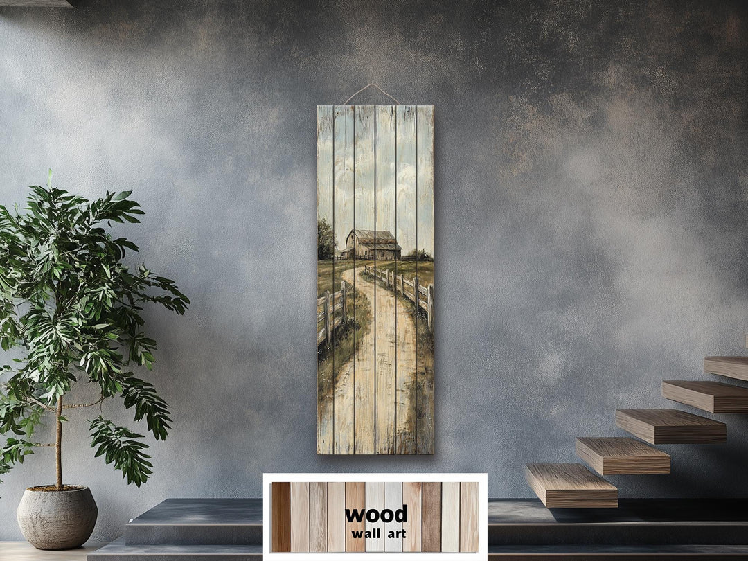 Tall narrow distressed wood wall art featuring a rustic barn landscape on vertical planks.