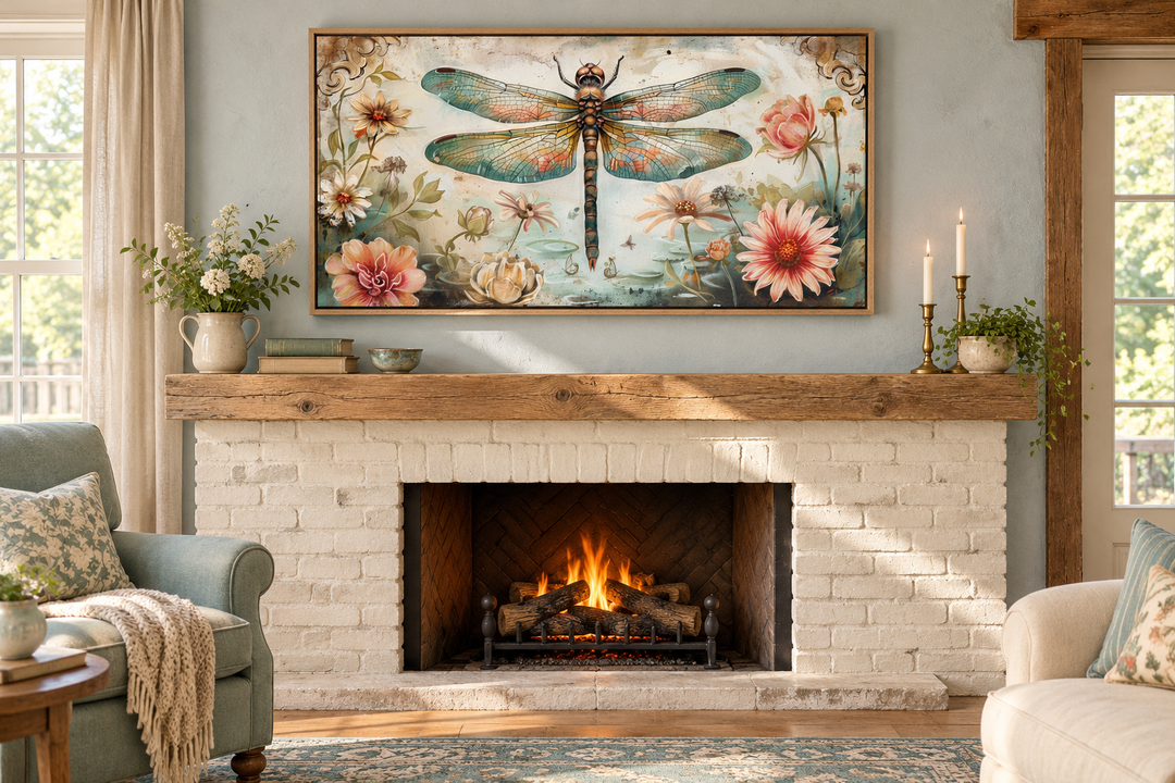 Framed canvas wall art of a dragonfly and flowers above a rustic fireplace in a farmhouse living room