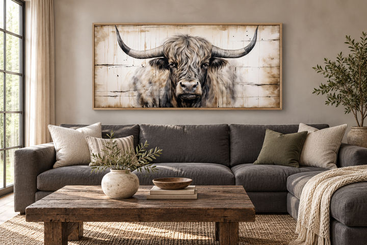 Framed Highland bull painting on wood-textured canvas above a charcoal sofa in a rustic living room.