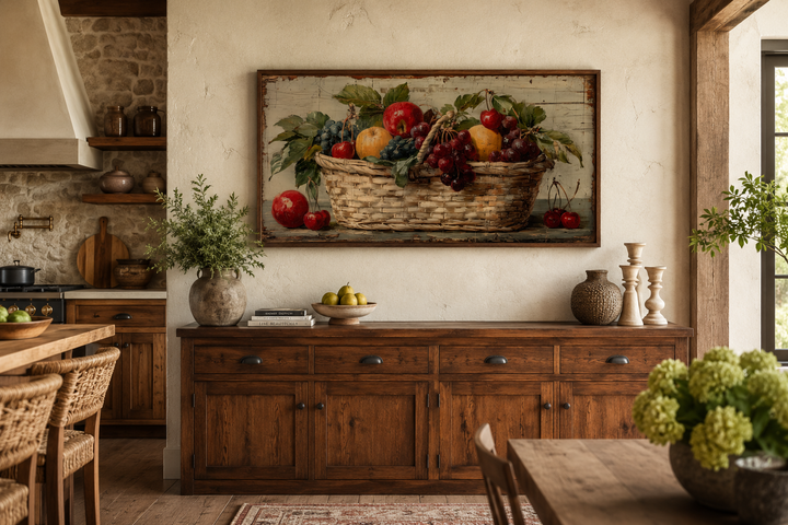 Rustic fruit basket painting on distressed wood canvas wall art in a farmhouse kitchen setting.