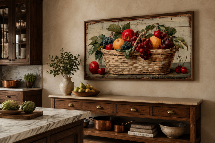 Rustic fruit basket painting on distressed wood canvas wall art in a farmhouse kitchen setting.