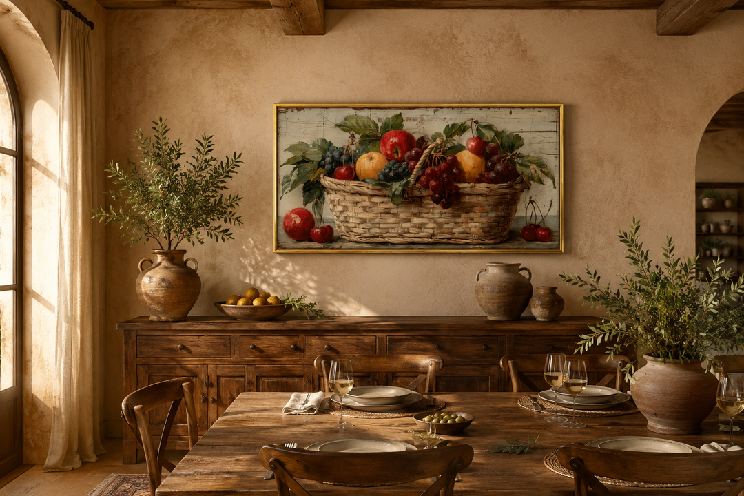 Rustic fruit basket painting on distressed wood canvas wall art in a farmhouse dining room.