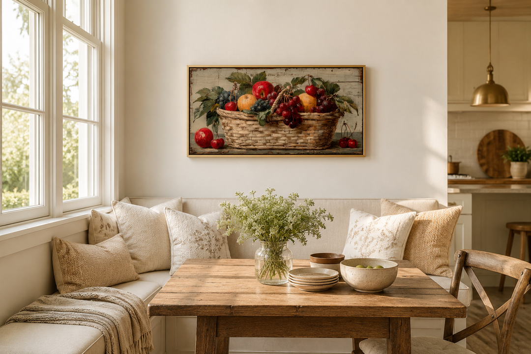 Rustic fruit basket painting on distressed wood canvas wall art in a farmhouse breakfast nook.