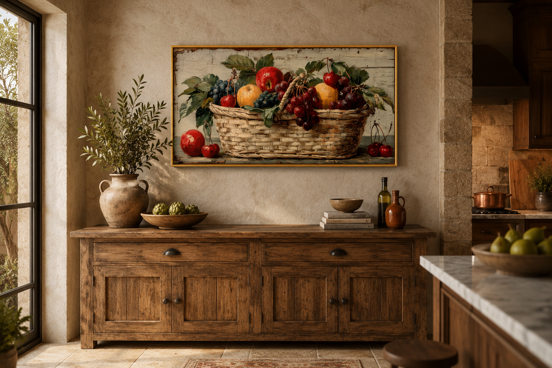 Rustic fruit basket painting on distressed wood canvas wall art in a farmhouse kitchen setting.