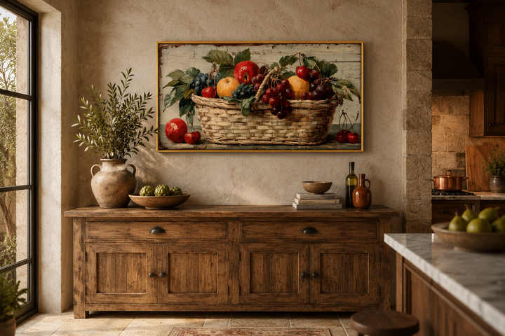 Rustic fruit basket painting on distressed wood canvas wall art in a farmhouse kitchen setting.