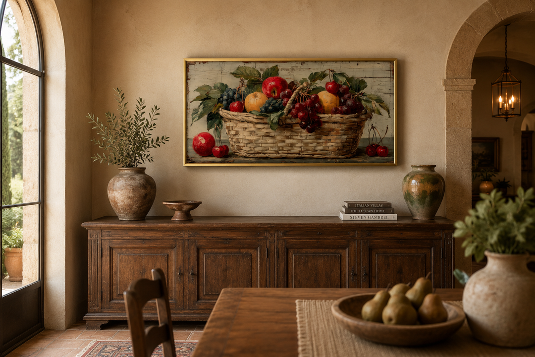 Rustic fruit basket painting on distressed wood canvas wall art in a farmhouse dining room.