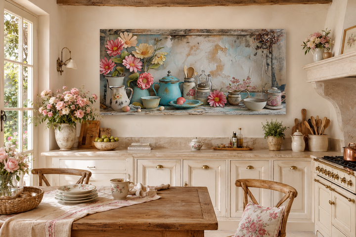 Rustic chic kitchenware framed canvas wall art featuring flowers and pastel cookware in a kitchen.