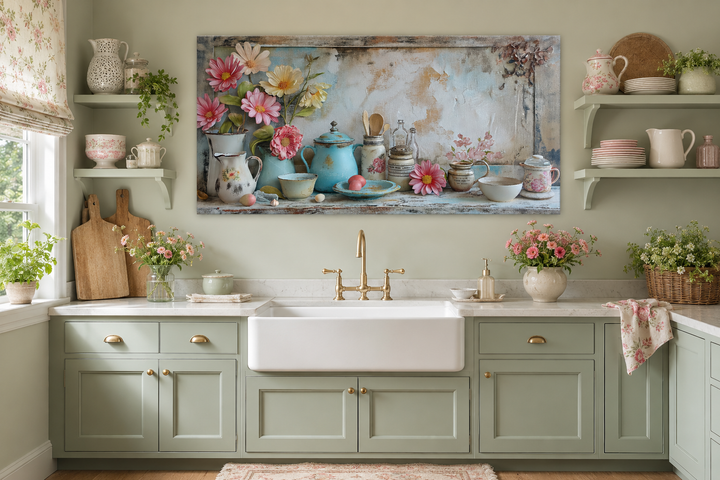 Rustic chic kitchenware framed canvas wall art above a farmhouse sink in a sage green kitchen.