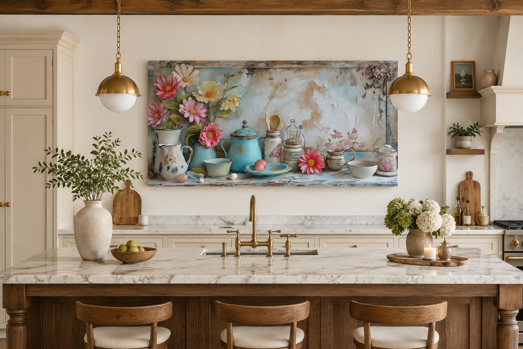 Rustic farmhouse kitchen framed canvas wall art featuring chic kitchenware and floral elements.