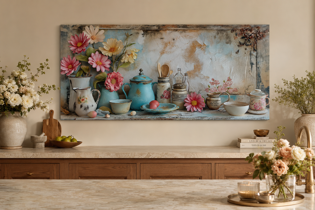 Rustic chic farmhouse kitchen canvas wall art featuring vintage kitchenware and floral elements.