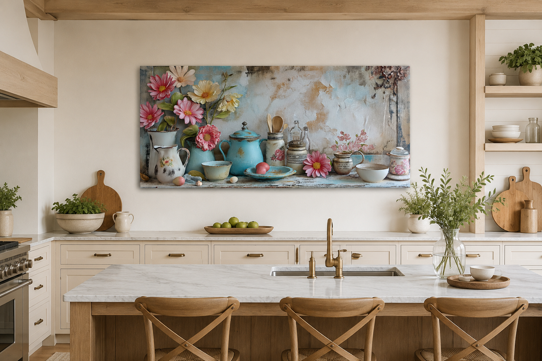 Rustic chic kitchenware farmhouse canvas wall art displayed above a modern kitchen island.