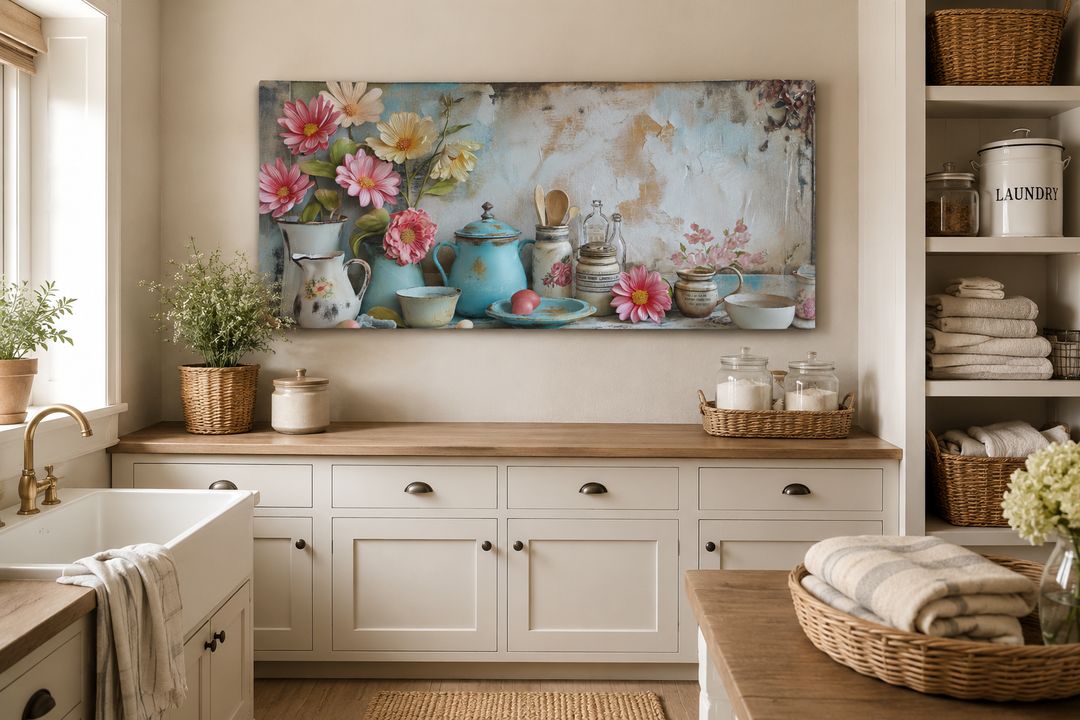 Rustic chic kitchenware canvas wall art with pastel flowers and blue teapots in a farmhouse kitchen.