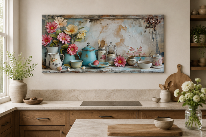 Rustic chic kitchenware framed canvas wall art featuring pastel floral and farmhouse cookware.