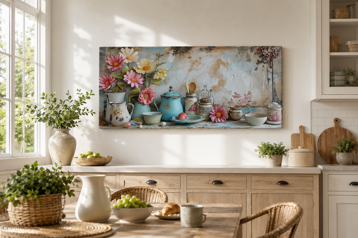 Rustic chic kitchenware farmhouse canvas wall art featuring pastel cookware and floral elements.