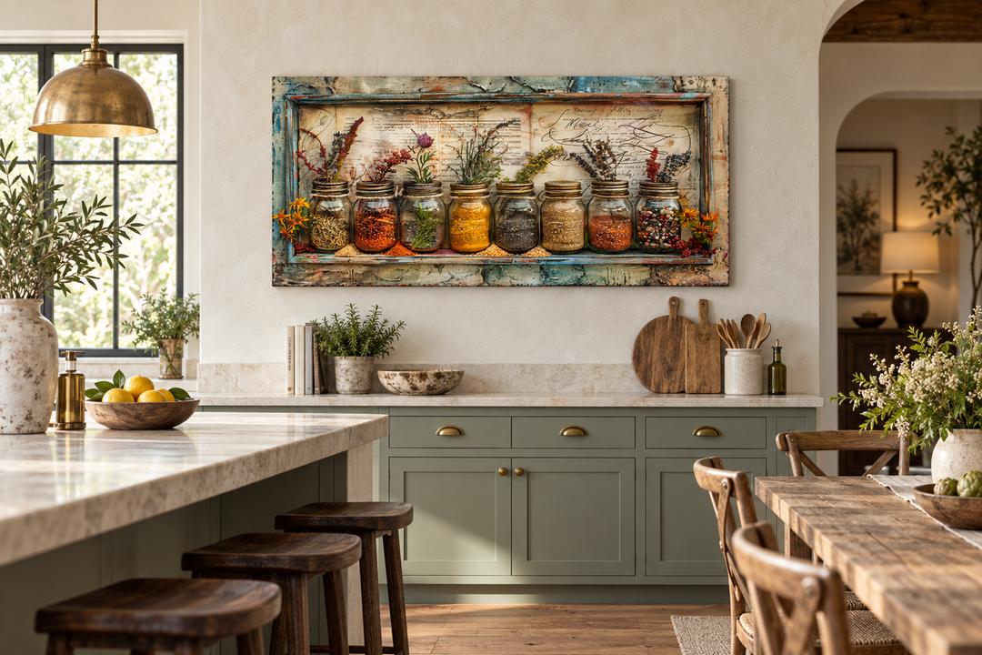 Rustic farmhouse framed canvas wall art of colorful spices and herbs in jars for kitchen decor.