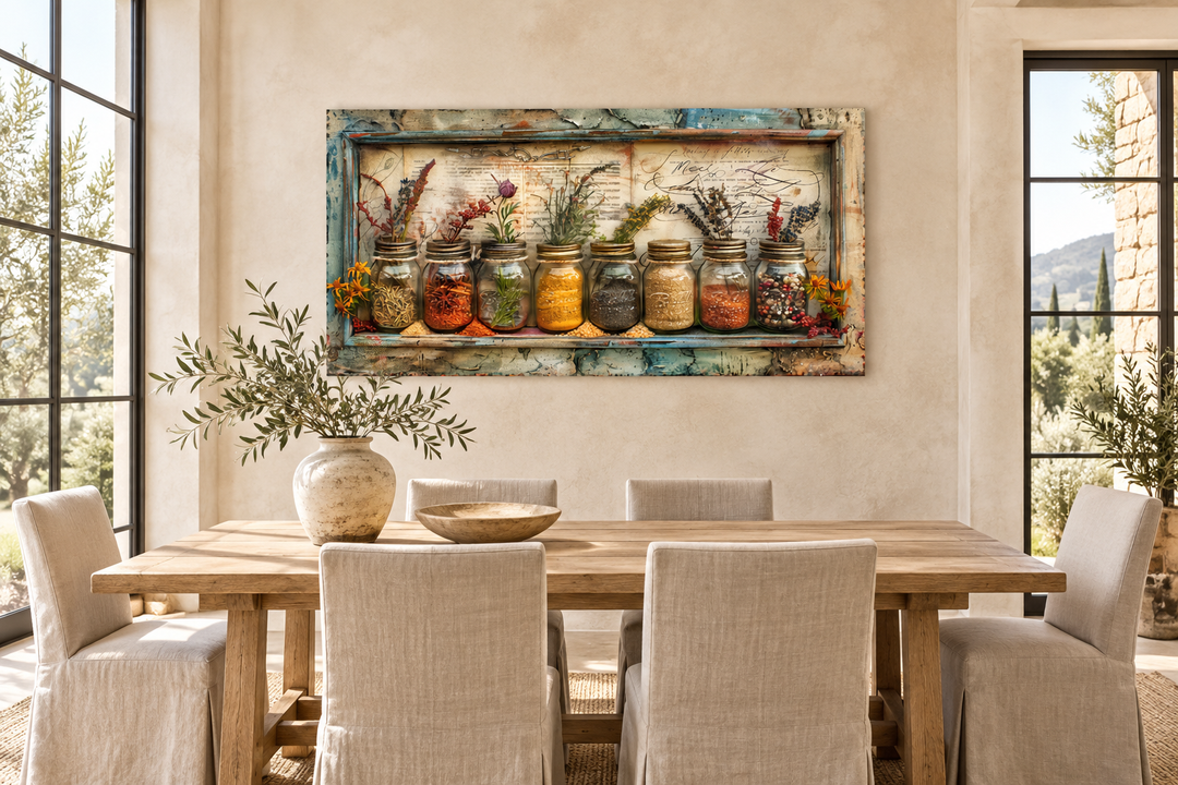 Rustic farmhouse framed canvas wall art of spices and herbs in jars above a wooden dining table.
