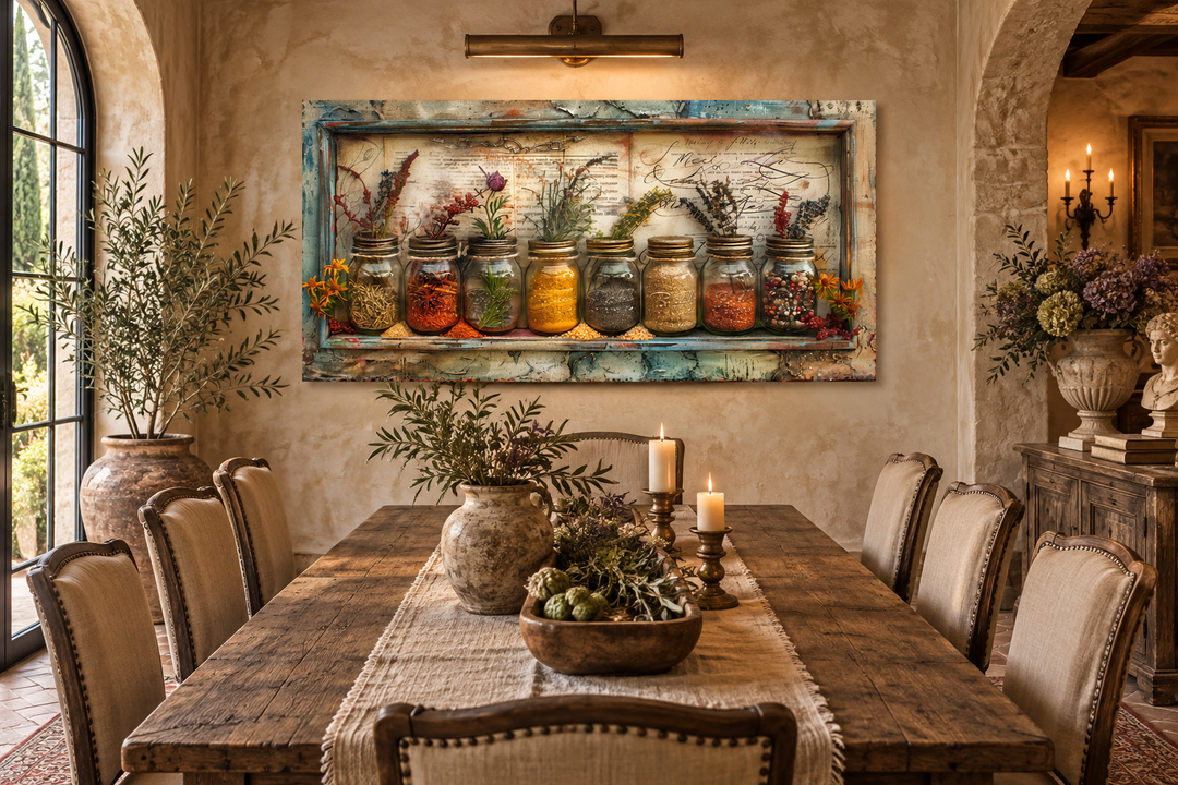 Rustic farmhouse framed canvas wall art of spices and herbs in jars above a wooden dining table.